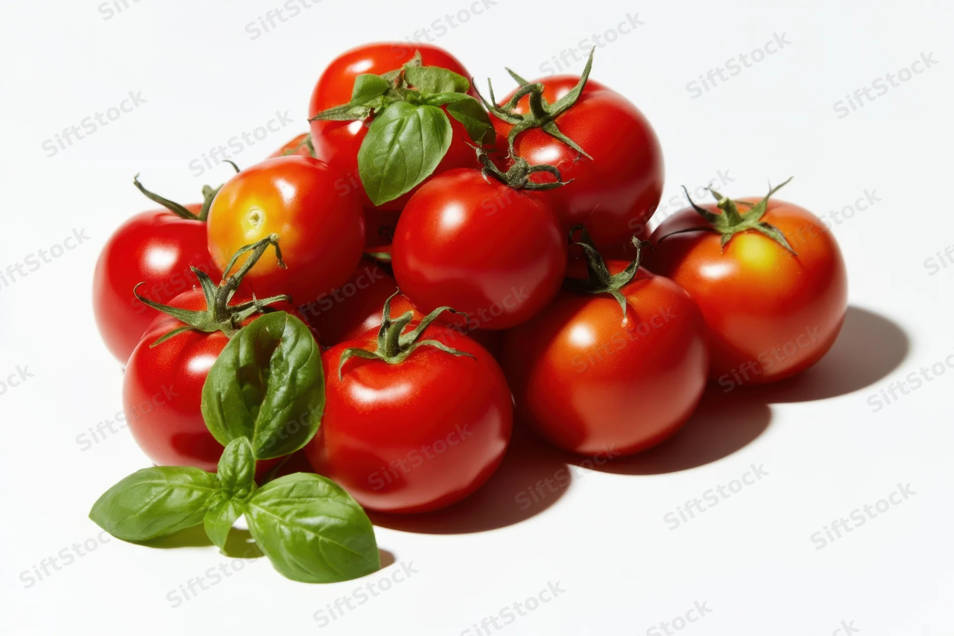 Ripe red tomatoes with basil leaves arranged in a heap on white background