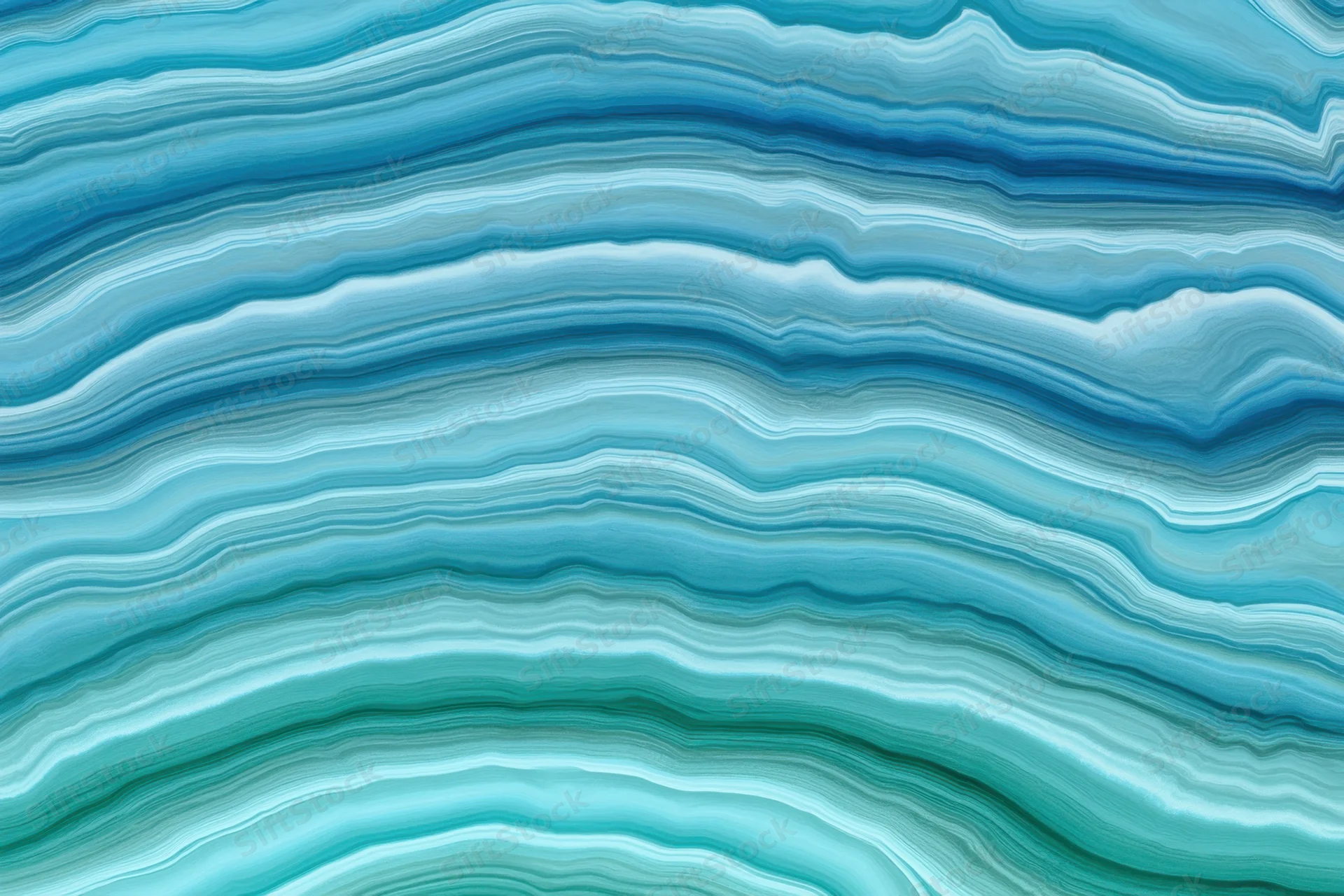 Close-up of blue and teal wavy layered marble pattern