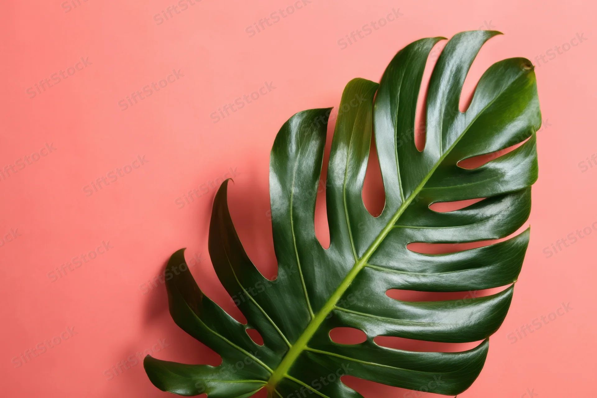 Large glossy monstera leaf on coral background with copyspace