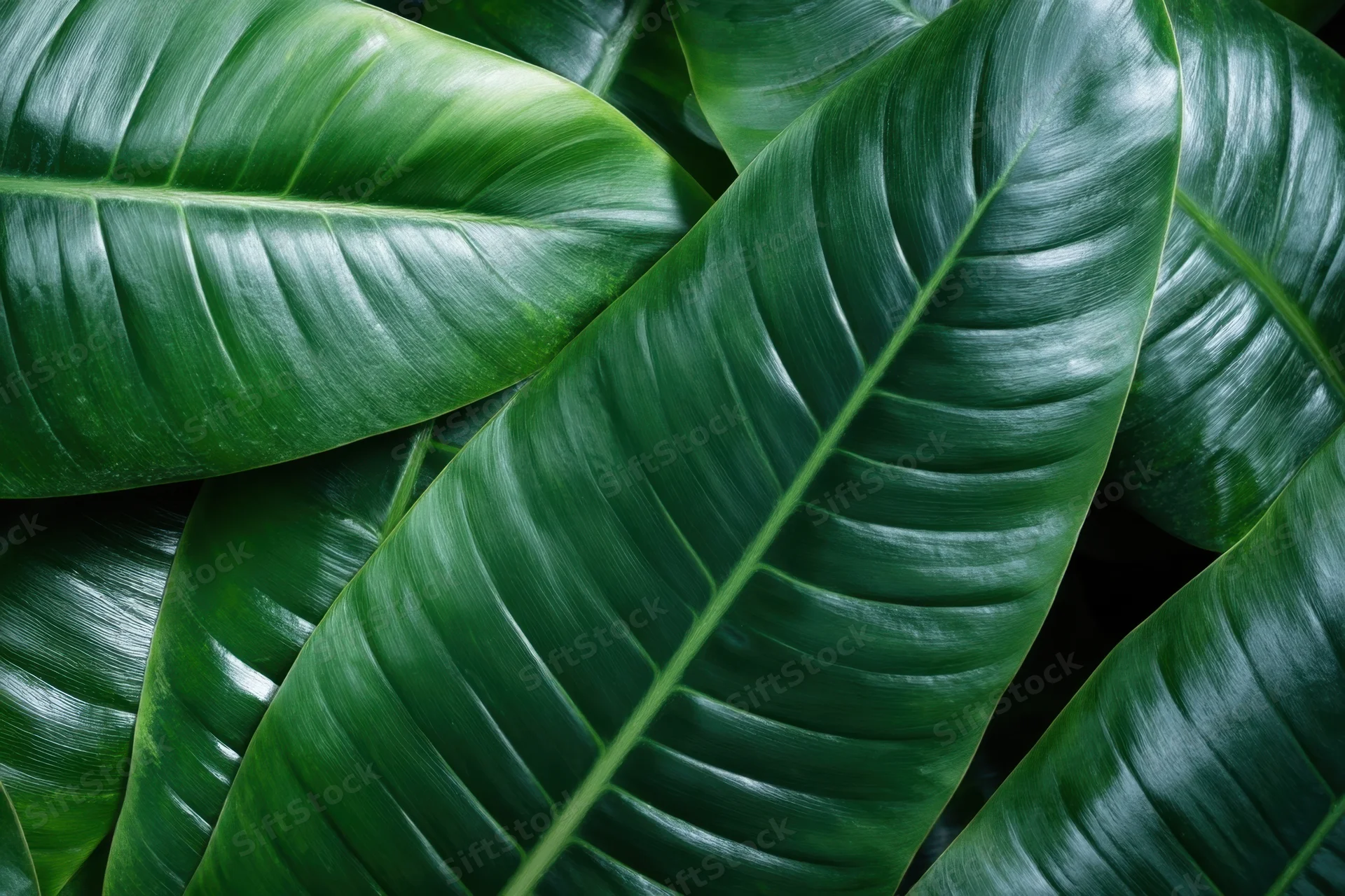 Close-up of overlapping tropical leaves with glossy emerald green surfaces and visible veins