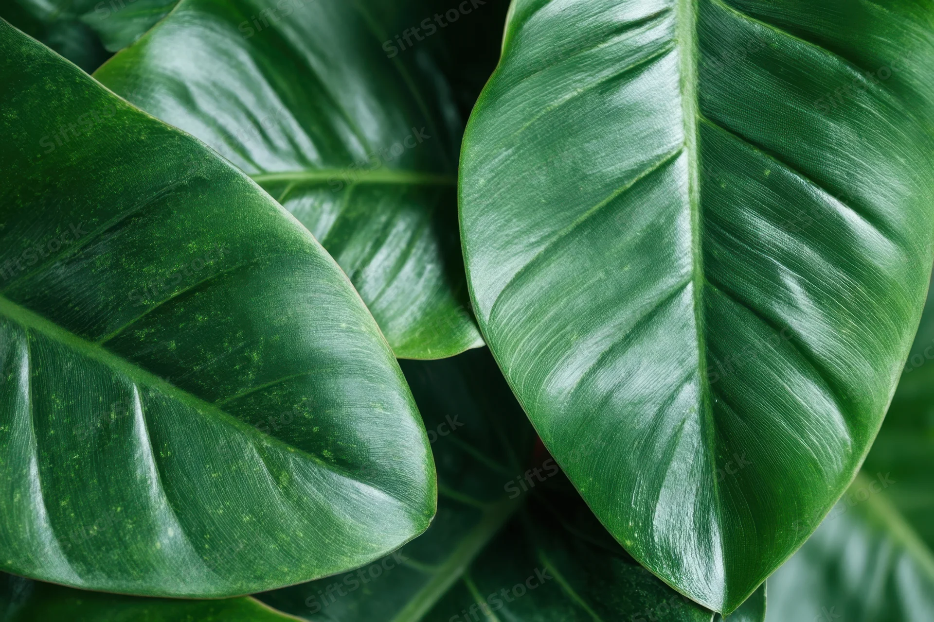 Close-up of overlapping tropical leaves with glossy green surfaces and visible veins