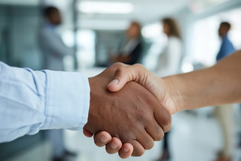 Close-up of two professionals shaking hands in a modern office