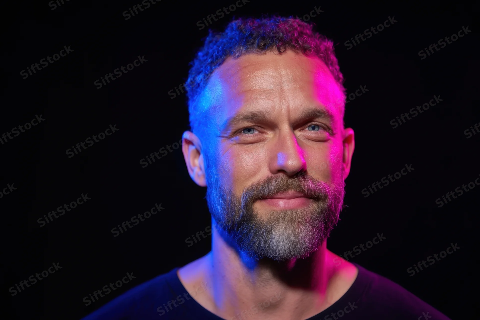 Man with trimmed beard and curly hair smiling under blue and pink studio lighting against black background