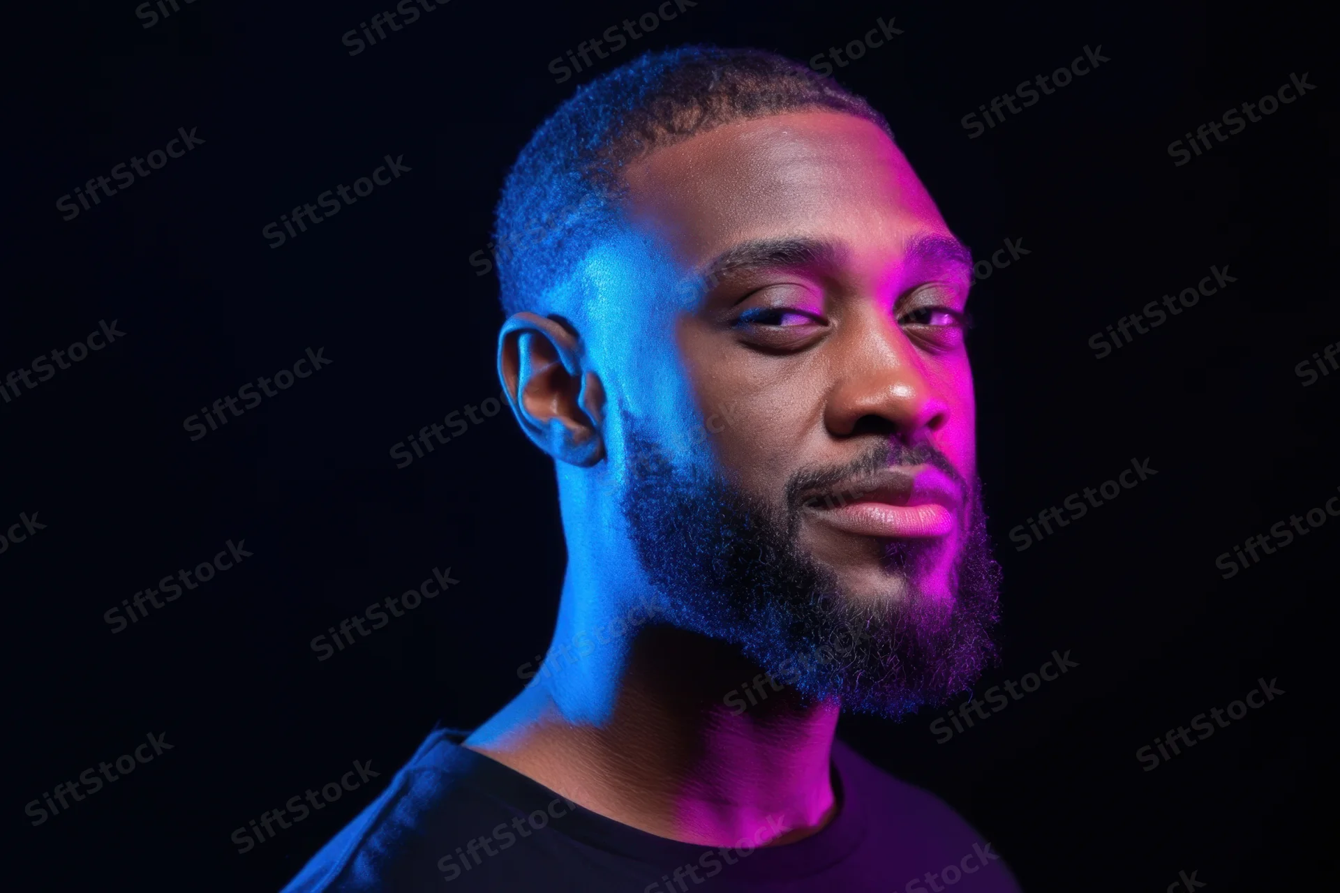 Close-up portrait of a man with a neatly trimmed beard under blue and pink neon lighting in a dark studio