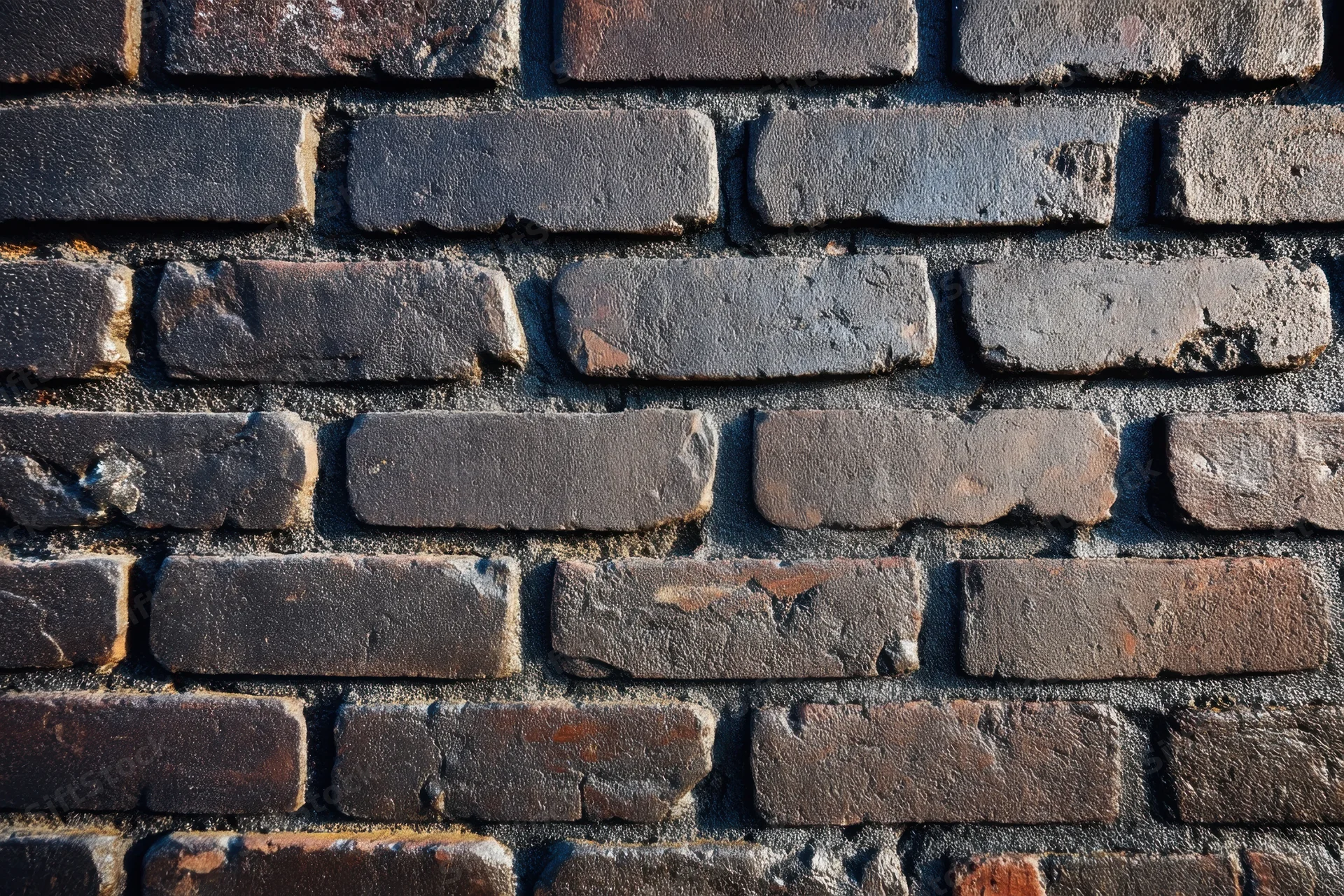 Close-up of a dark weathered brick wall with irregular texture and mortar lines