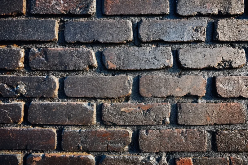 Close-up of a dark weathered brick wall with irregular texture and mortar lines