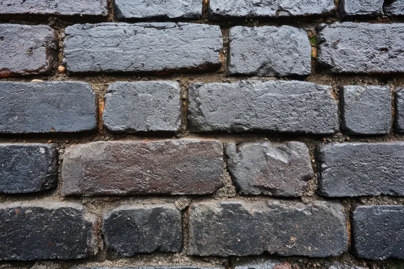 Close-up of dark textured brick wall with irregular stones and mortar joints