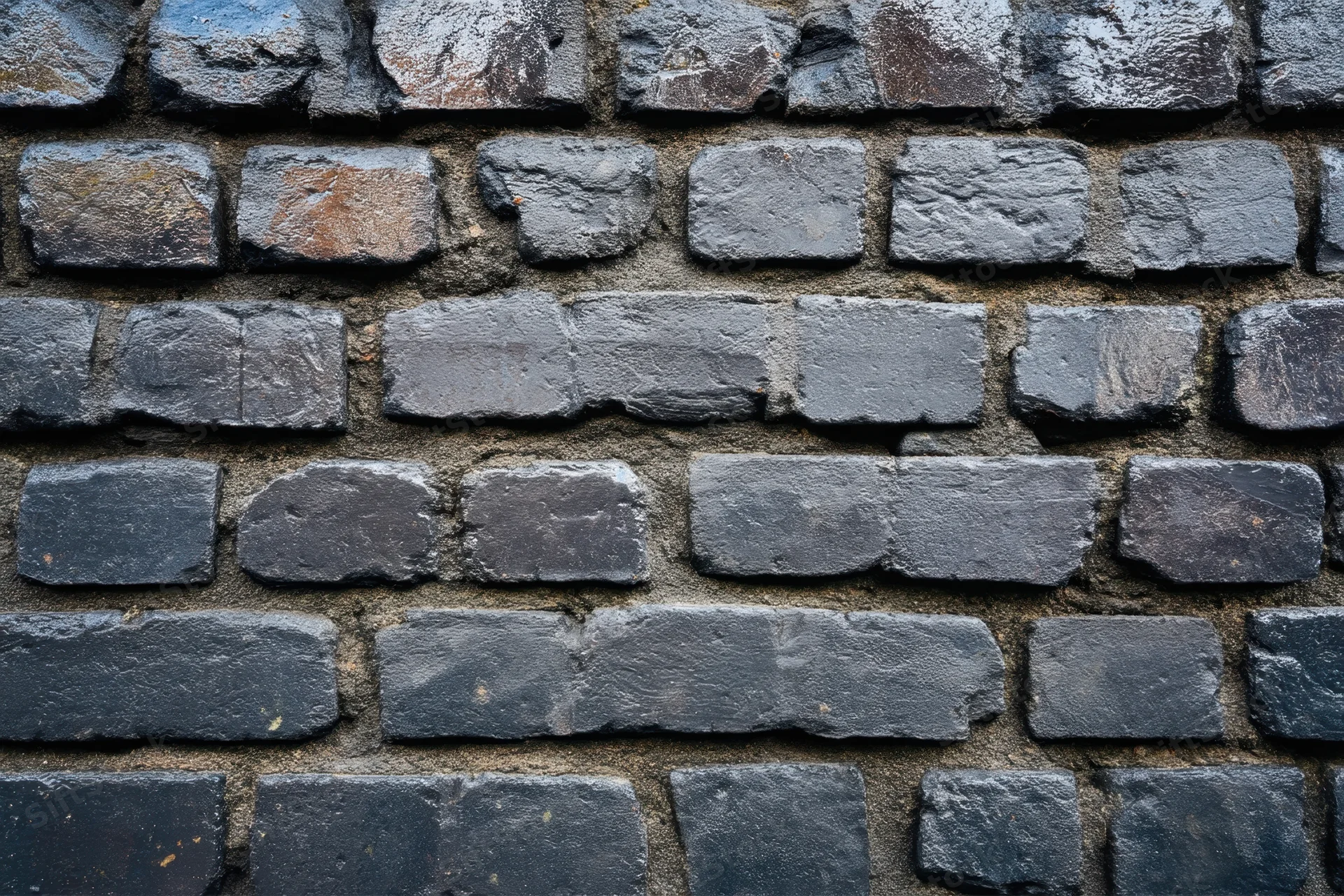 Close-up of dark textured brick wall with irregular stones and mortar joints