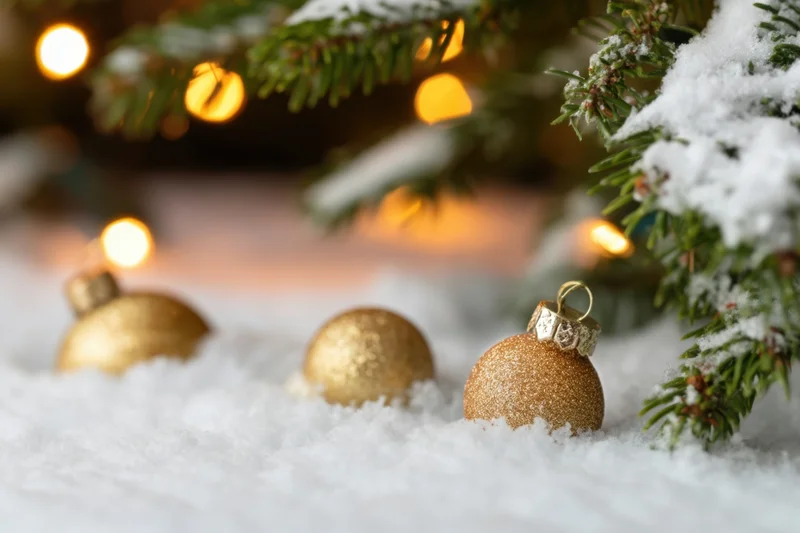Gold christmas ornaments resting in snow beside a pine tree with warm lights in the background