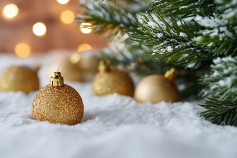 Close-up winter still life with gold ornaments in snow