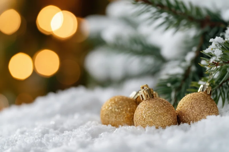 Gold christmas ornaments resting in snow near a pine branch with blurred warm lights in the background