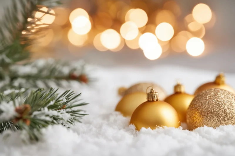 Gold christmas ornaments resting in snow beside pine branches with blurred lights in background