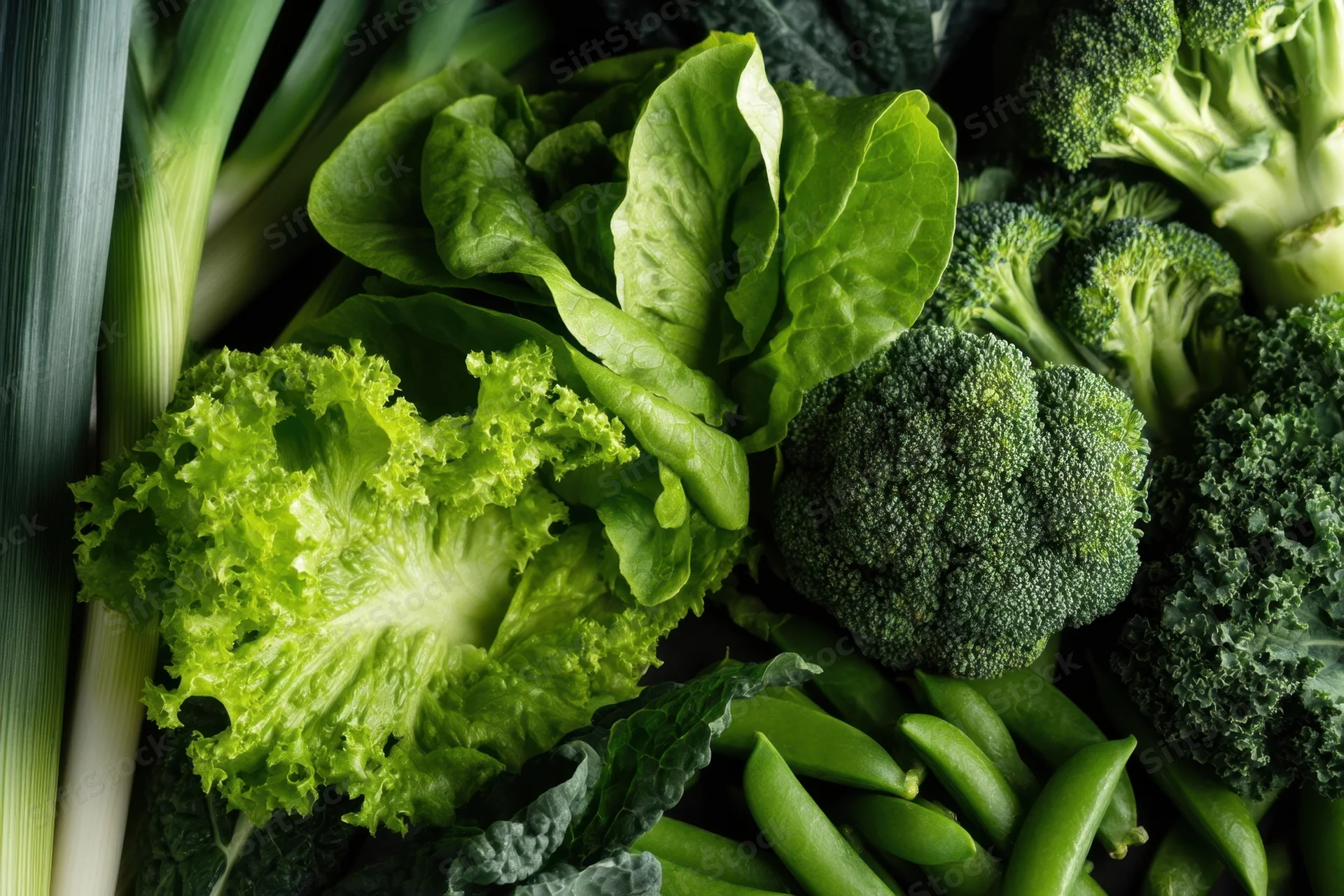Closeup of fresh green vegetables including broccoli, lettuce, kale, green beans, and spring onions arranged together