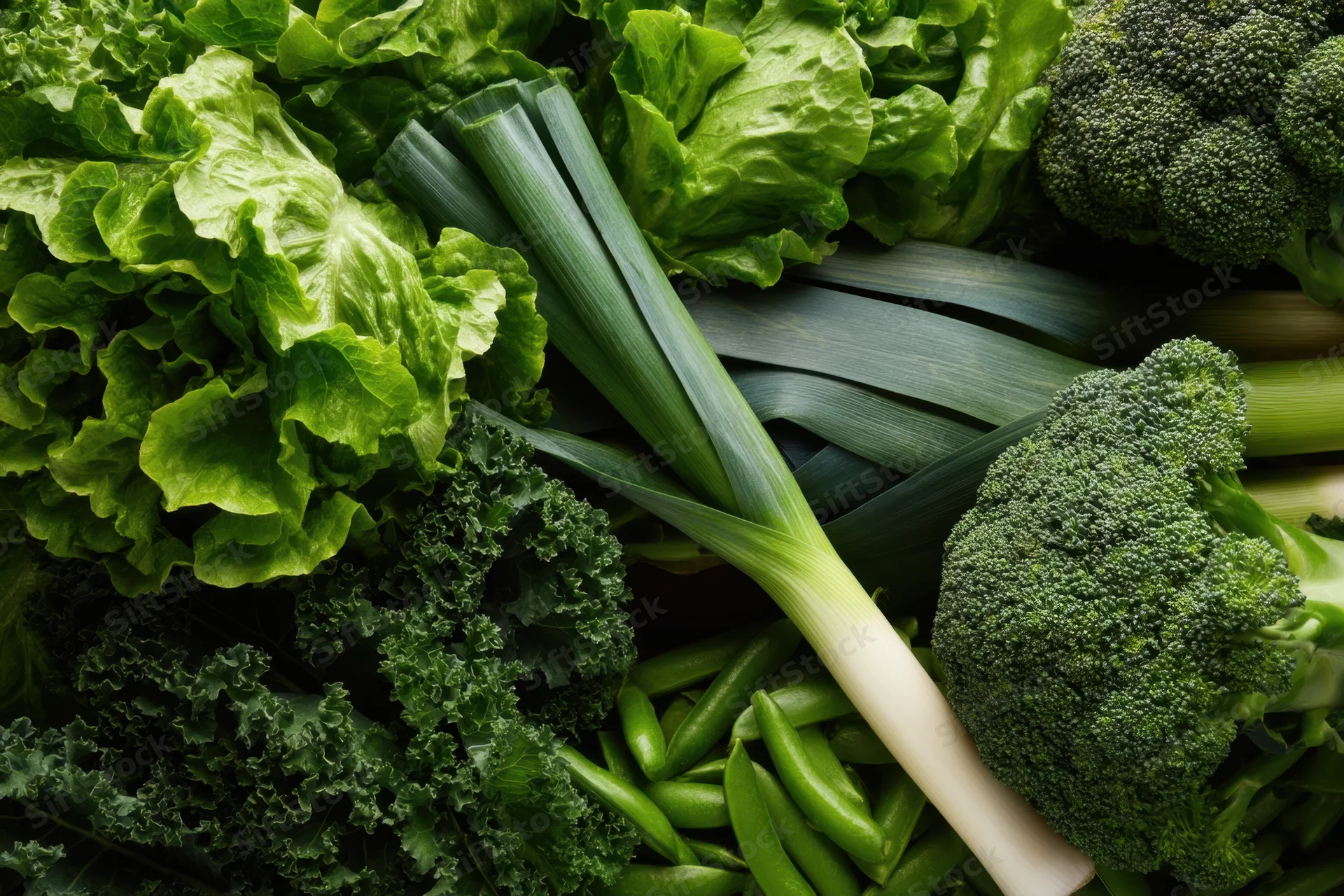 Close-up of fresh green vegetables including broccoli, lettuce, kale, green beans, and spring onions arranged together