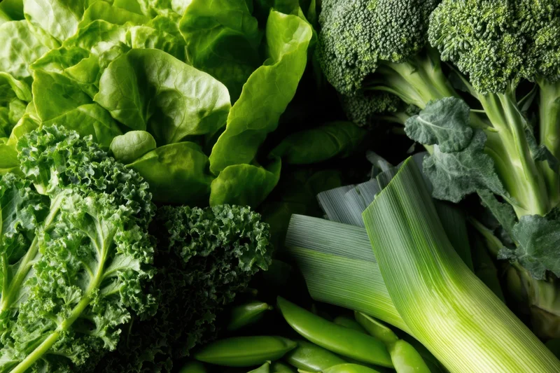 Close-up of fresh green vegetables including broccoli, kale, lettuce, and green onions arranged together