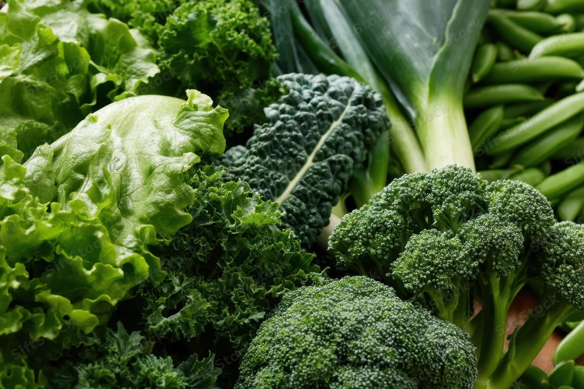 Closeup of fresh green vegetables including broccoli, kale, lettuce, green beans, and leek arranged together
