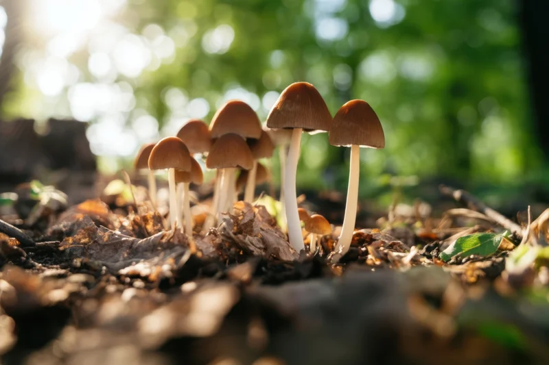 Cluster of slender white-stemmed mushrooms with brown conic caps growing on forest floor among fallen leaves and soil
