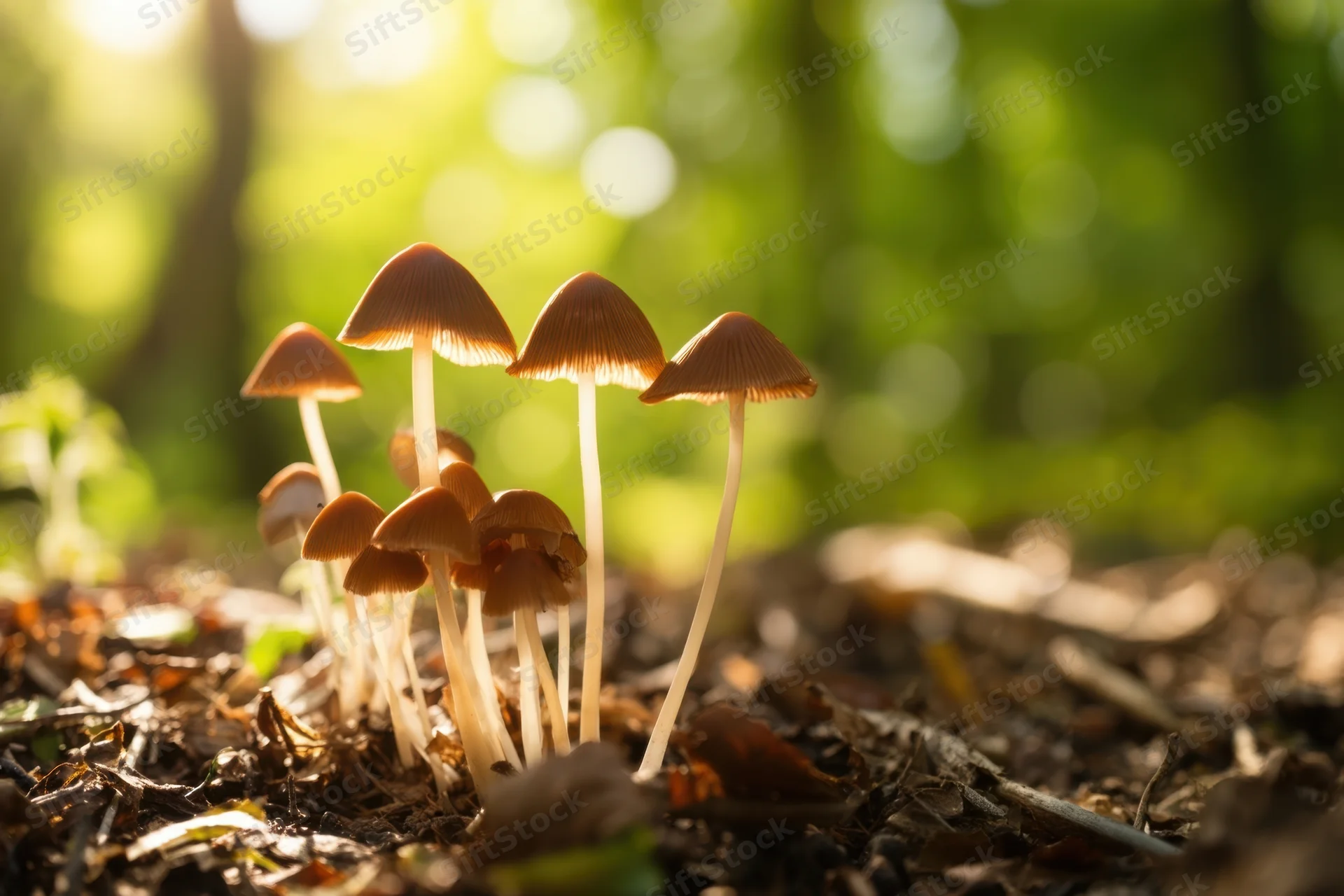 Cluster of slender white-stemmed mushrooms with brown conic caps growing in forest soil under dappled sunlight