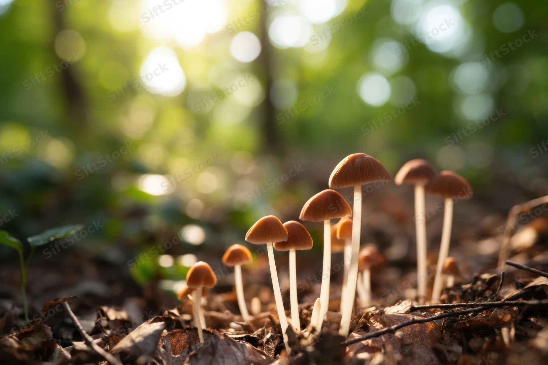 Cluster of slender white-stemmed mushrooms with brown conic caps growing among fallen leaves in a sunlit forest floor