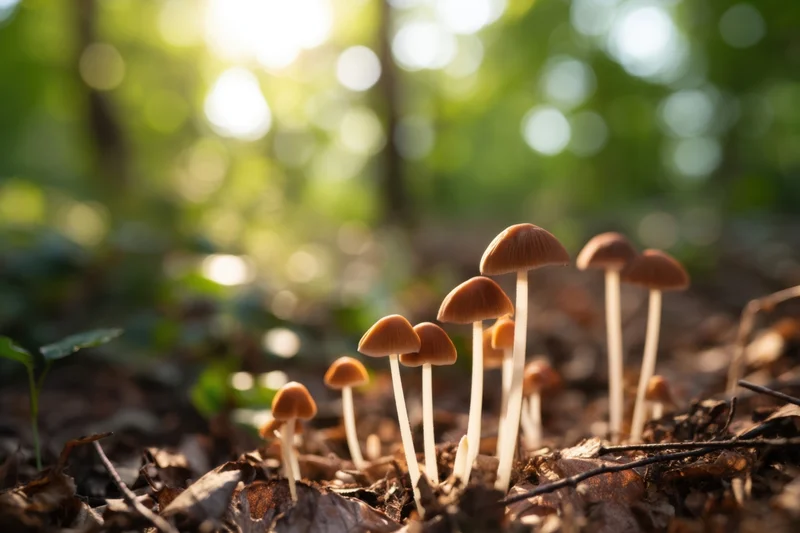 Cluster of slender white-stemmed mushrooms with brown conic caps growing among fallen leaves in a sunlit forest floor