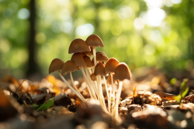 Cluster of brown-capped mushrooms with white stems growing in leaf litter on forest floor under dappled sunlight