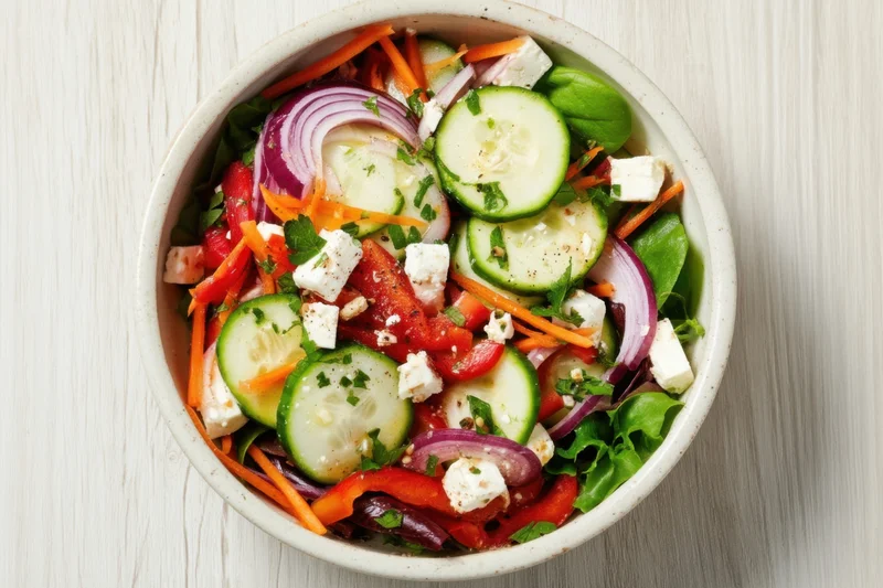 Colorful vegetable salad with feta cheese in a ceramic bowl on a pale wooden table