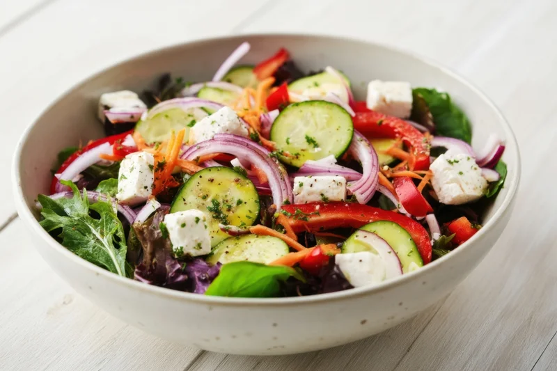 Colorful vegetable salad with feta cheese in a light ceramic bowl on a pale wooden table