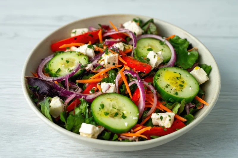 Colorful vegetable salad with cucumber, carrot, red pepper, feta and onion in a light ceramic bowl on a pale wooden surface