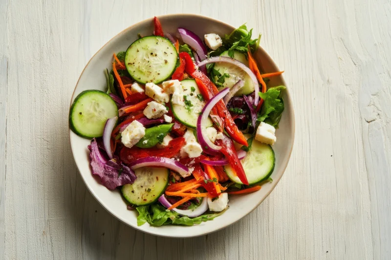 Colorful veggie salad with cucumber, carrot, red pepper, onion and feta in a light ceramic bowl on a pale wooden tabletop, overhead view