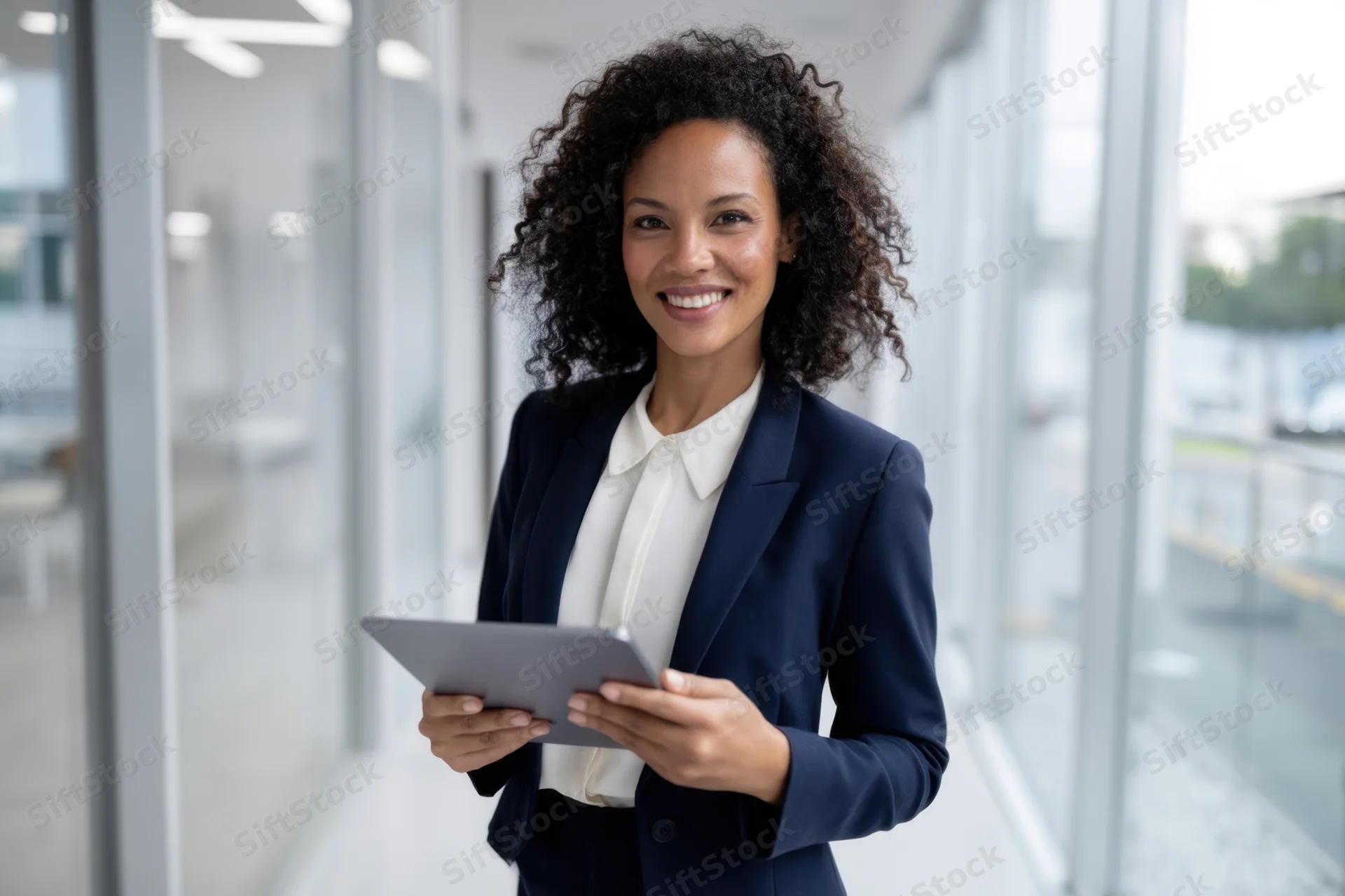 Smiling black woman in navy blazer holding tablet in modern office hallway