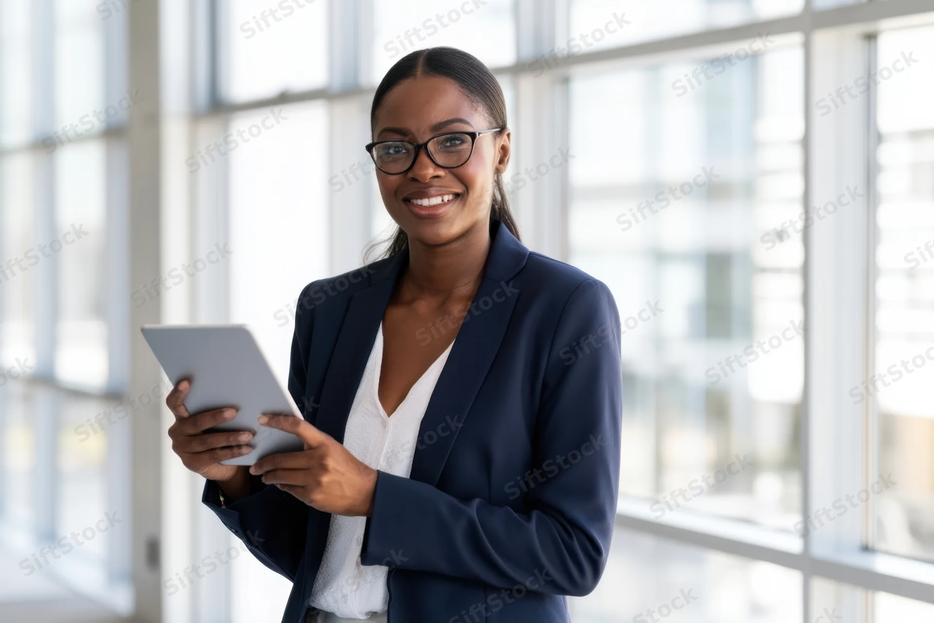 Confident black woman in navy blazer holding tablet in bright office interior