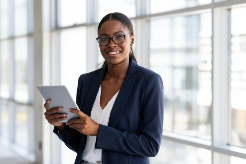 Confident black woman in navy blazer holding tablet in bright office interior