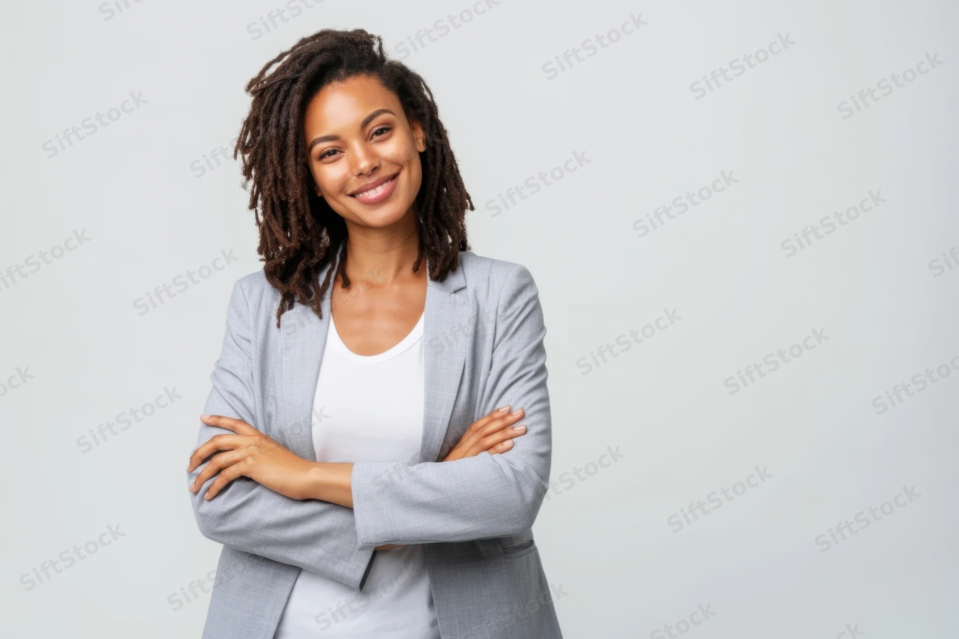 Confident black woman in gray blazer smiling with arms crossed in studio portrait