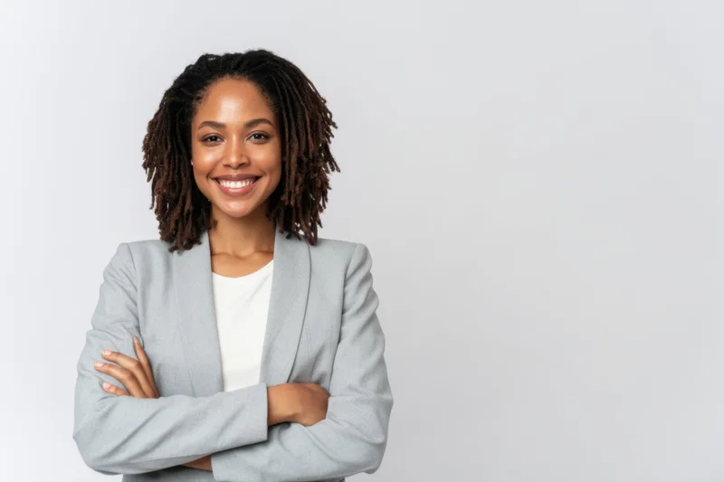 Confident black woman smiling with arms crossed in a gray blazer against a light background