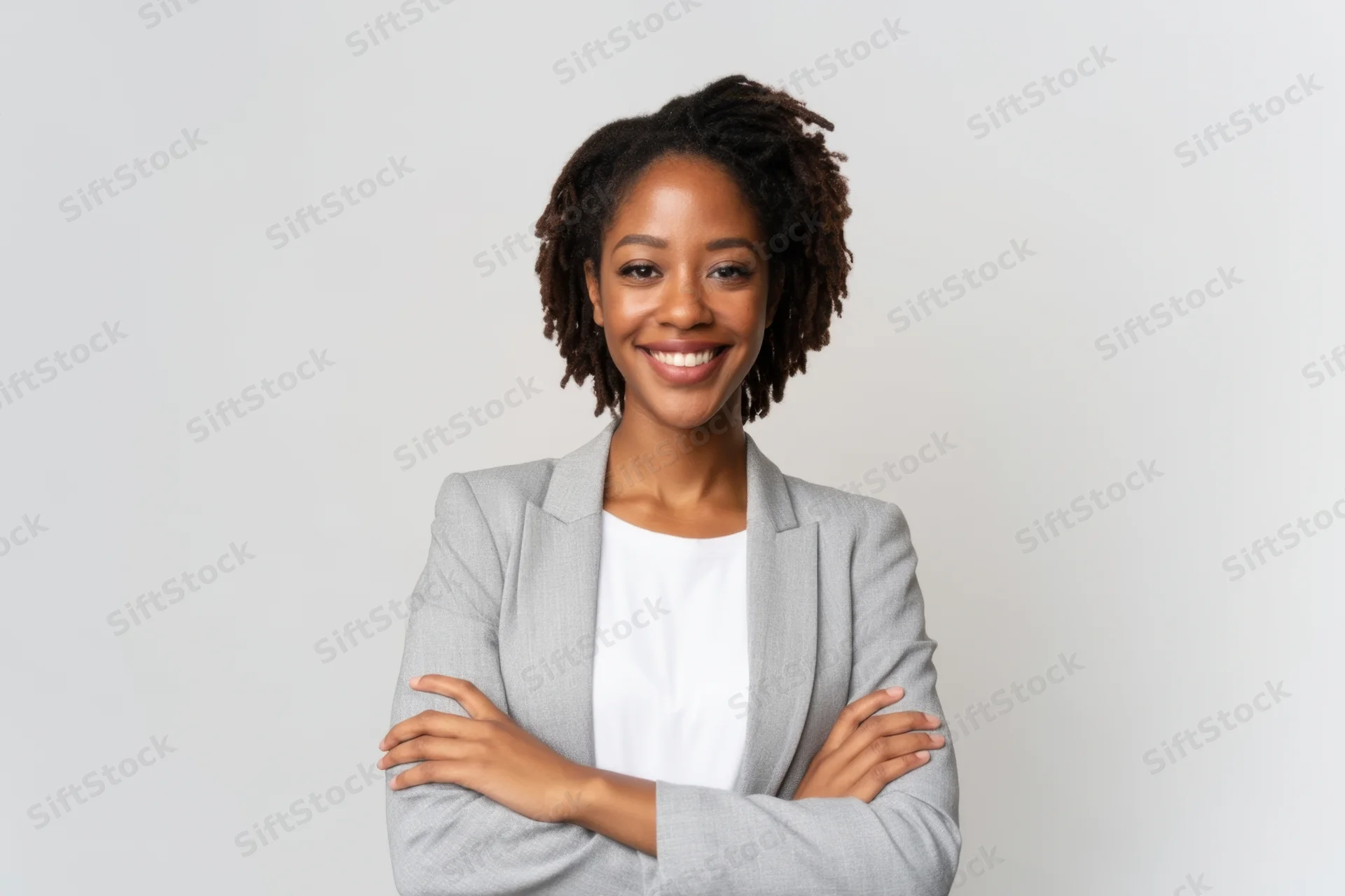 Confident black woman in gray blazer with arms crossed smiling in studio portrait
