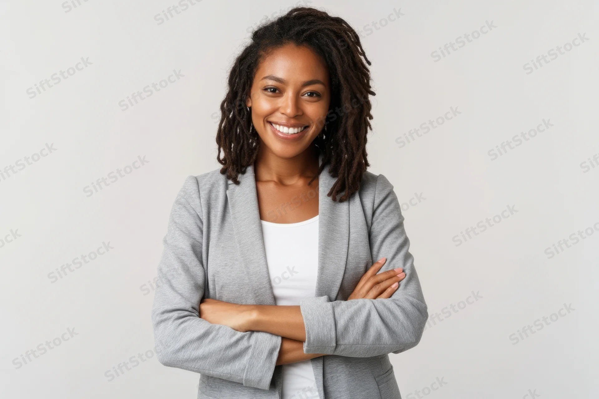 Confident black woman smiling with arms crossed in a gray blazer over white top against a neutral studio background