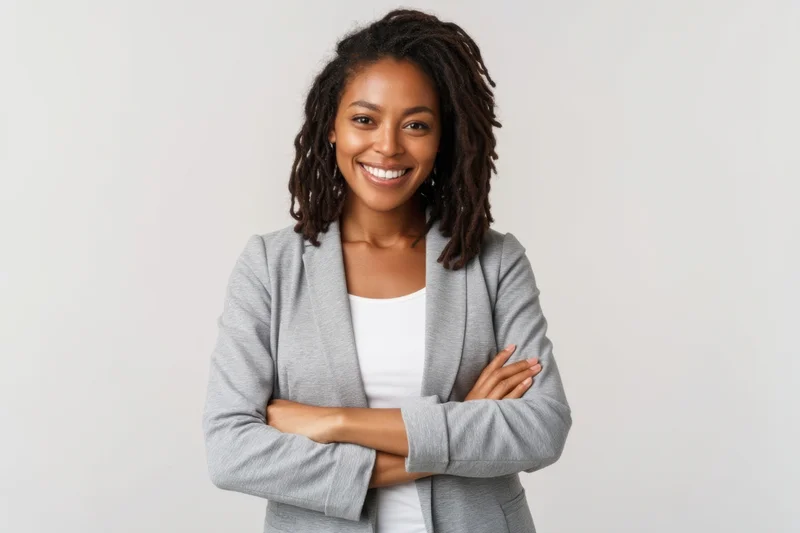 Confident black woman smiling with arms crossed in a gray blazer over white top against a neutral studio background