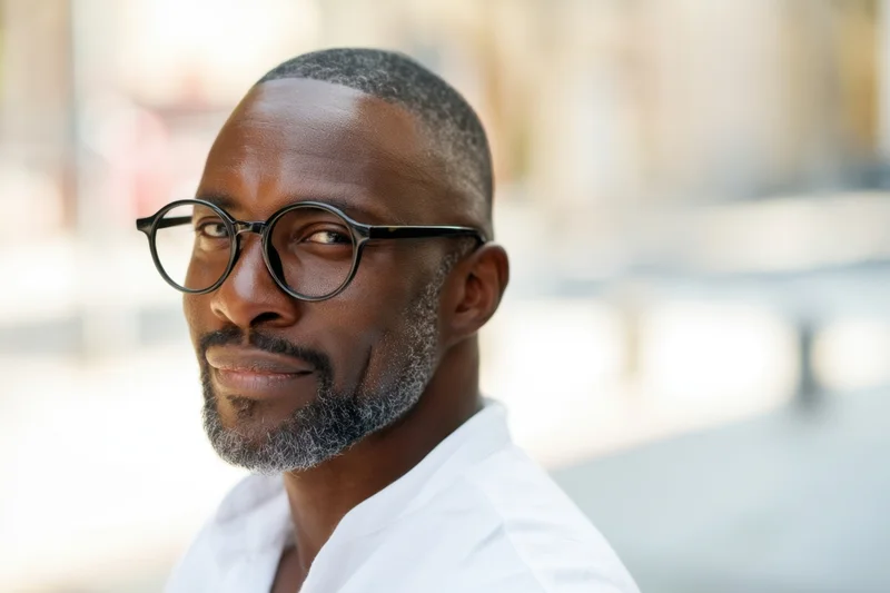 Middle-aged black man with round glasses and grey beard smiling in a white collared shirt outdoors