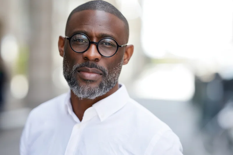 Middle-aged black man with round glasses and gray beard wearing white collared shirt outdoors in urban setting