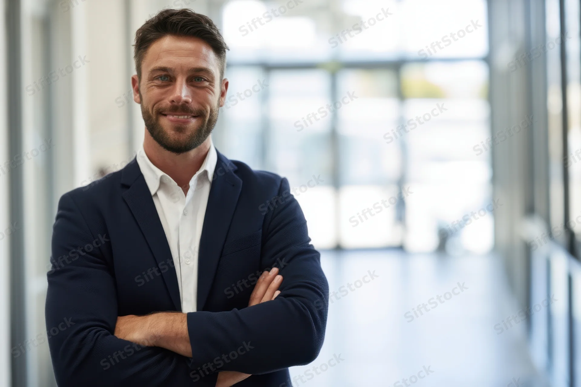 Man in navy blazer and white shirt standing with arms crossed in office hallway smiling