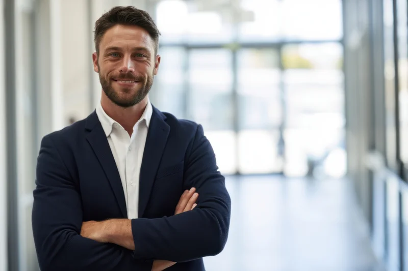 Man in navy blazer and white shirt standing with arms crossed in office hallway smiling