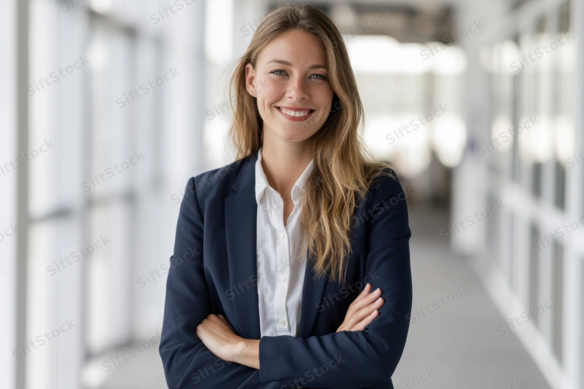Woman in navy blazer and white shirt standing with arms crossed in office hallway smiling