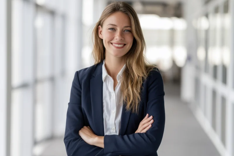 Woman in navy blazer and white shirt standing with arms crossed in office hallway smiling