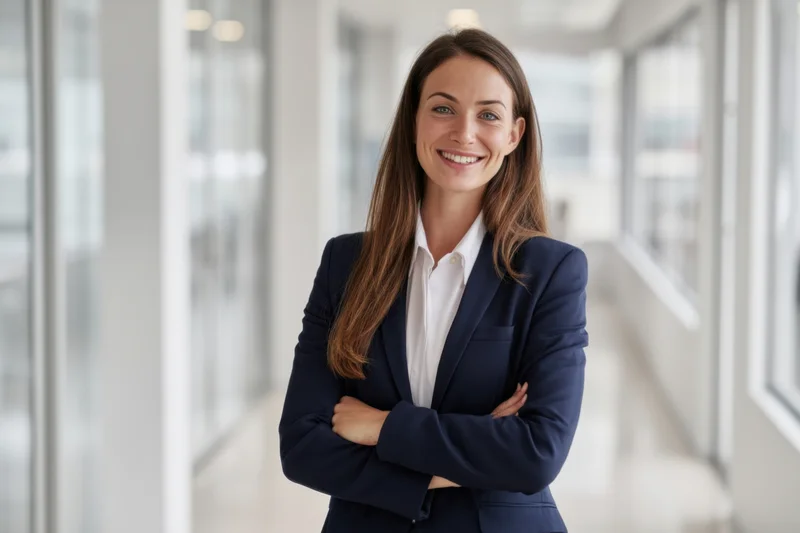 Woman in navy blazer with arms crossed smiling in office hallway