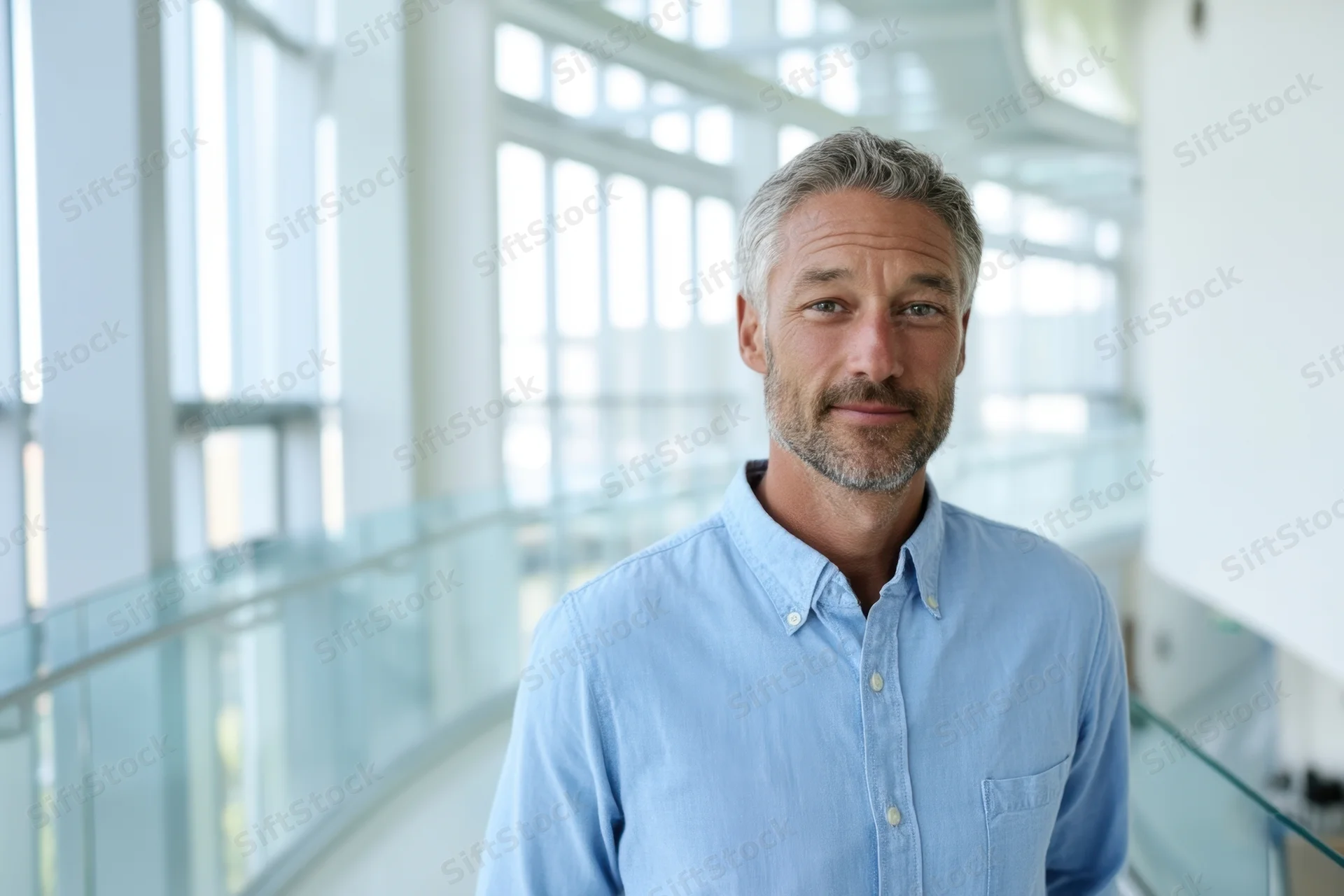Confident man in light blue button-down shirt standing in modern office hallway with glass railings and large windows