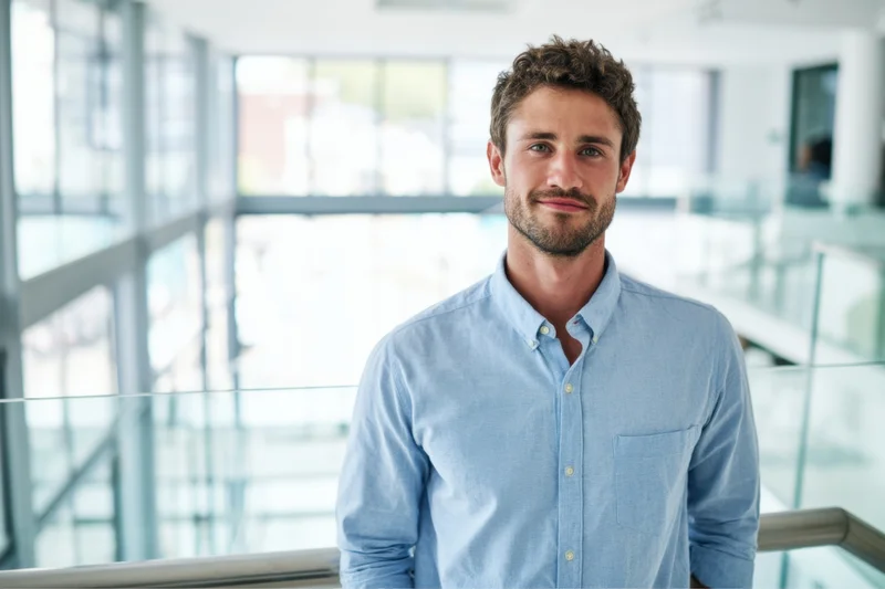 Confident man in light blue button-down shirt standing in modern office interior with glass railing