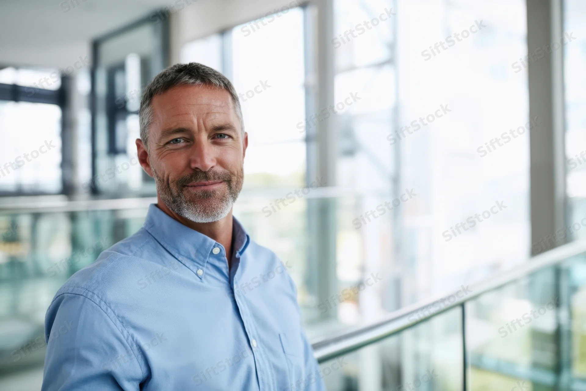 Confident man in light blue button-down shirt standing in modern office interior with glass railing and windows