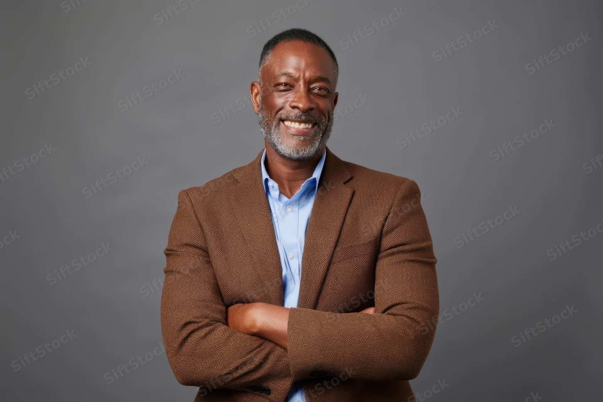 Confident man with arms crossed smiling in brown blazer and blue shirt against gray studio backdrop