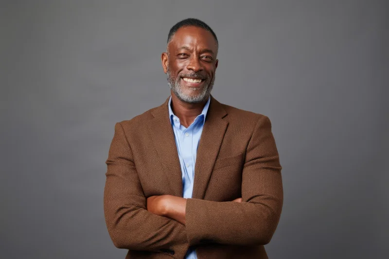 Confident man with arms crossed smiling in brown blazer and blue shirt against gray studio backdrop