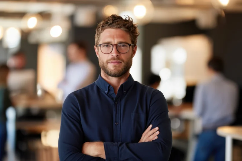 Confident man with arms crossed in office setting wearing navy button-down shirt